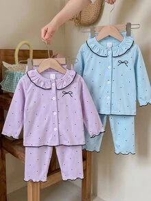 2件組女嬰居家服套裝，淺紫色波點開襟睡衣套裝，附荷葉邊飾與蝴蝶結，柔軟親膚長袖長褲女嬰休閒服 - 紫色 - 查看 5