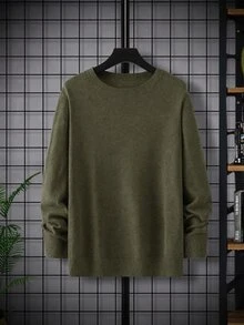 Manfinity Homme 男士休閒純色圓領毛衣，秋冬長袖上衣 - 軍綠色 - 查看 4