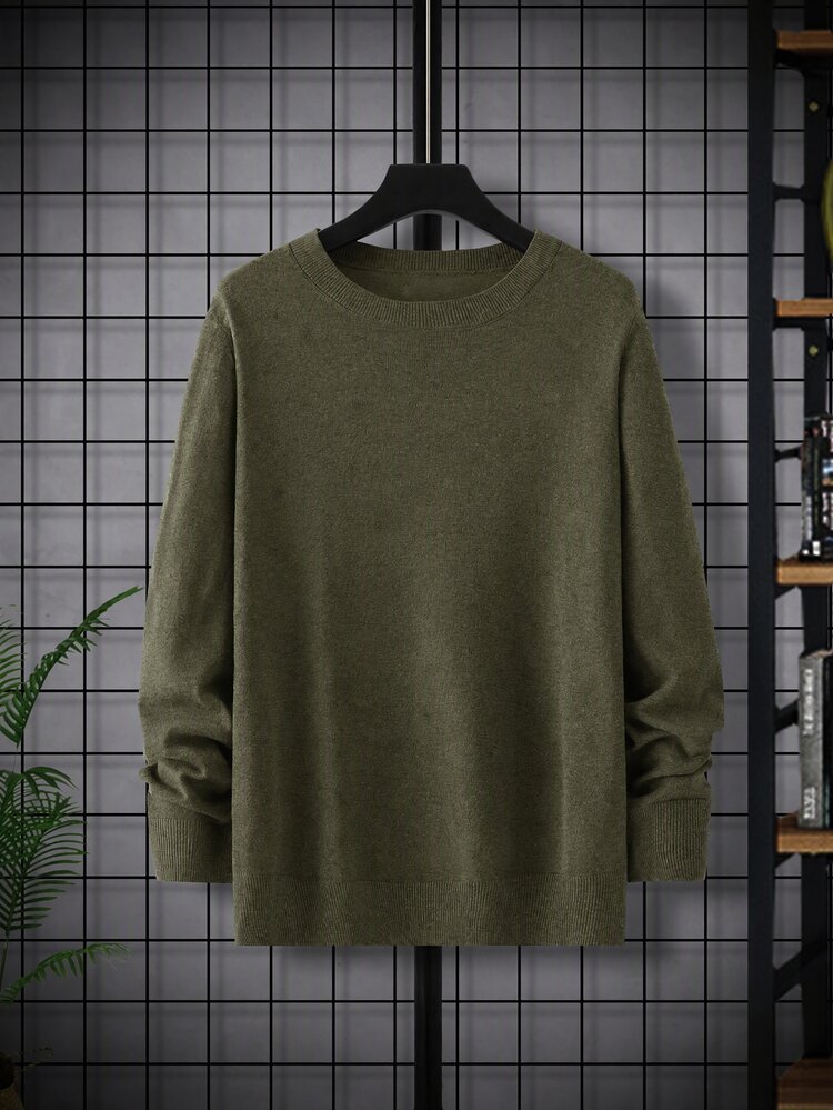 Manfinity Homme Men's Casual Solid Color Round Neck Sweater, Autumn/Winter, Long Sleeve Top - Army Green - View 4