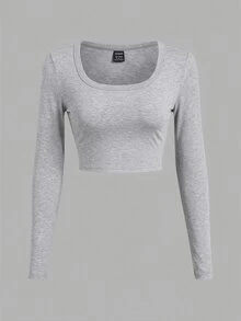 SHEIN EZwear 女款純色方領長袖短版休閒T恤（3件組） - 彩色 - 查看 5