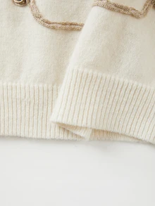 SHEIN Cream Round Neck Knit Sweater, Decorative Bead Stripe Long Sleeve Top - Apricot - View 6