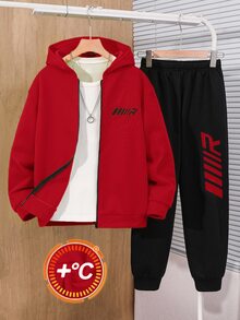 SHEIN 青少年男孩連帽衛衣熱情紅運動服黑色長褲字母圖案休閒運動寬鬆兩件套，適合休閒戶外運動與學校場合，適合秋冬穿著，休閒通勤，秋季服飾 - 彩色 - 查看 1