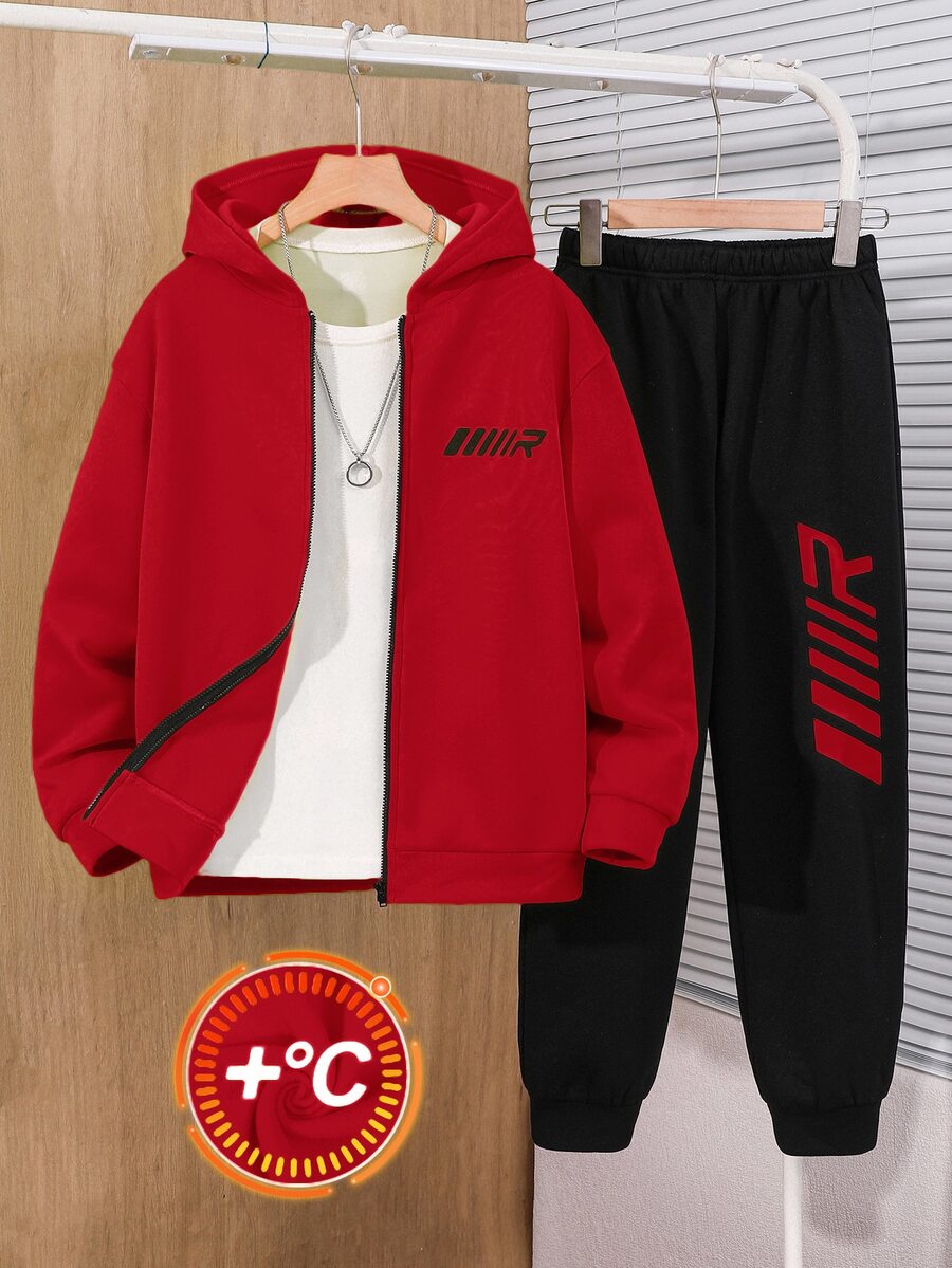 SHEIN 青少年男孩連帽衛衣熱情紅運動服黑色長褲字母圖案休閒運動寬鬆兩件套,適合休閒戶外運動與學校場合,適合秋冬穿著,休閒通勤,秋季服飾 - 彩色 - 查看 1