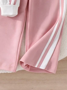 SHEIN 2件組幼女波羅衫長褲套裝，可愛甜美粉白條紋獨角獸刺繡，長袖翻領，合身款，生日派對秋季Y2K芭蕾寬鬆風 - 粉色 - 查看 4