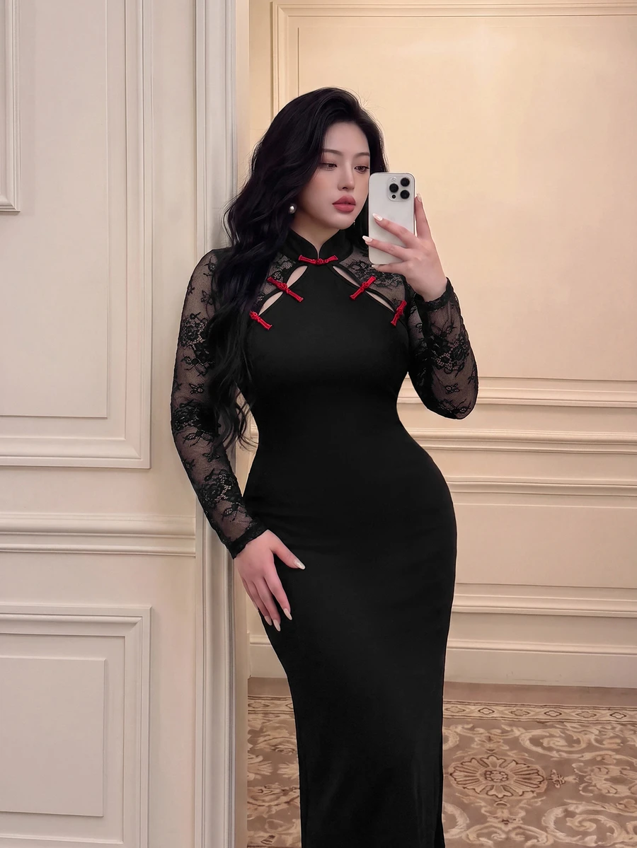 Vibekara Plus Size Women Lace Patchwork Elegant Waist-Cinching Party Dress - Black - View 1