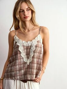 Willow Rêve ملابس علوية كاميسول نسائي بلون كاكي بنقشة مربعات مع حافة دانتيل - كاكي - مشاهدة 4