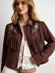 Willow Rêve Women's Floral Embroidered Pattern Casual Daily Wear Long Sleeve Jacket - Brown - View 3