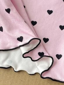 SHEIN Tween女孩休閒居家甜美粉黑愛心印花對比飾邊長袖T恤與直筒寬腿褲2件套 秋冬穿搭 隨機2件 - 藕粉色 - 查看 6