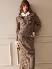 Arave Women Cardigan Skirt Set Slim Straight Knitted Floral Sequin Embroidery Button Front Ribbed Elegant Brown Floral Women's Set Fall Clothes For Women - Khaki - View 9