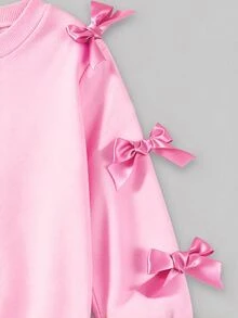 SHEIN 2件組女童甜酷風3D蝴蝶結裝飾白色上衣+黑色喇叭褲套裝，黑色上衣飾有多個粉色蝴蝶結，洋紅色喇叭褲時尚剪裁，整體風格偏向甜酷融合可愛與時尚，適合返校、外出、街頭穿搭 - 彩色 - 查看 6