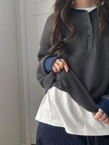 FRIFUL Women's Colorblock Dropped Shoulder Long Sleeve Button Half-Placket Casual Sweatshirt - Grey - View 6