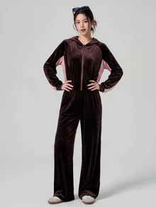 DAZY Women's Colorblock Zip-Up Long Sleeve Hoodie And Pants Casual Daily Sports Set - Burgundy - View 3
