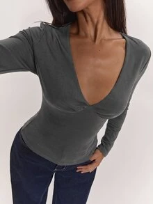 SHEIN BAE 女款純色V領修身百搭日常長袖T恤 - 深灰色 - 查看 7