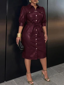 Slaydiva فستان أنيق بأزرار أمامية مقاس كبير، فستان ميدي كاجوال بأسلوب التنقل اليومي للخريف للعمل والمكتب والخروج، موضة نسائية خريفية - عنابي اللون - مشاهدة 4