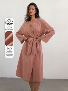 Livesso Women's Solid Color Waist Tie Casual Daily Home Sleepwear - Pink - View 4