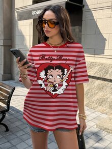 Betty Boop x SHEIN 女款字母條紋圓領落肩休閒T恤 - 白色 - 查看 7