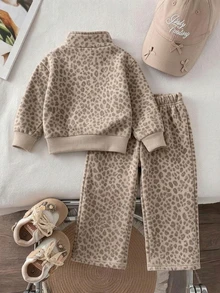Girls 2 Pieces Casual Fashion Spring/Autumn/Winter Set, Stand Collar Sweatshirt And Wide Leg Sweatpants, Sweet Cool Leopard Print, Soft Fabric - Multicolor - View 2
