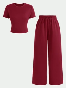 SHEIN Serisse Kids 青少年女孩針織春夏新款時尚休閒極簡棕色T恤配抽繩綁帶寬鬆長褲2件套，日常百搭度假風 - 酒紅色 - 查看 2