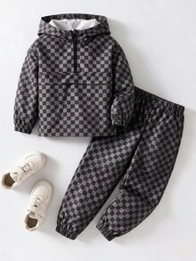 SHEIN 2件組兒童小男孩休閒日常百搭舒適拼接連帽半拉鍊套頭寬鬆長袖外套與寬鬆慢跑褲梭織套裝，適合學校、花園、海灘、生日 - 彩色 - 查看 3