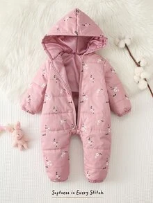 Cozy Pixies Baby Girls Winter Coats Casual Versatile Woven Ditsy Floral Hooded Long Sleeve Thick Padded Thermal Lined Jumpsuit - Pink - View 5