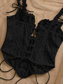 Soleia Women's Hollow Embroidery Front Tie Fashionable Camisole - Black - View 6