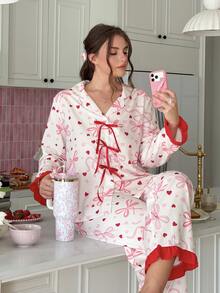 Slumberry CURVE Sweet & Cute Pajama Set, Lovely Girl Bow & Heart Print Pajama Set, Romantic & Elegant Plus Size Pajama Set - Multicolor - View 1