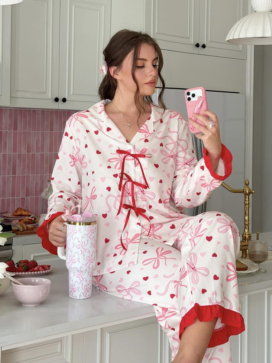 Slumberry CURVE Sweet & Cute Pajama Set, Lovely Girl Bow & Heart Print Pajama Set, Romantic & Elegant Plus Size Pajama Set - Multicolor - View 1
