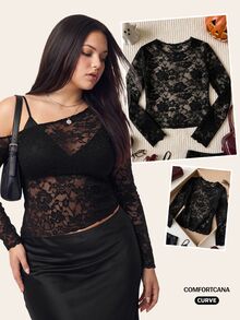 Comfortcana Plus Size Halloween Black Lace Long Sleeve Sheer Cold Shoulder Women's Top - Black - View 4