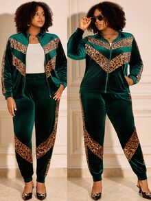 BrightlyHer Plus Size Green Pocket Zip Lapel Collar Long Sleeve Two Pieces Set Elegant Formal Fall Winter 2026 - Green - View 9
