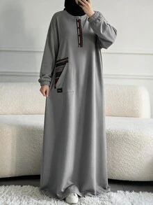 Lacomfia Women's Round Neck Long Sleeve Loose Fit Casual Versatile Grey Plus Size Dress With Pockets, Autumn/Winter - Grey - View 3