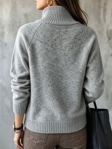 SHEIN Áo len dệt kim nữ cổ nửa cao mềm mại cho mùa thu/đông, 5 cúc, tay raglan dáng rộng thoải mái, áo pullover ngắn, lớp mặc trong đa năng cho đi làm hằng ngày - Xám - Xem 2