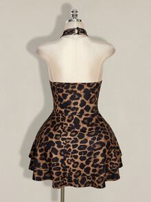 SHEIN ICON Gaun Kasual Wanita Ukuran Plus Motif Leopard dengan Desain Tali Pengikat untuk Musim Panas, Model Halter Neck - Coklat - View 2
