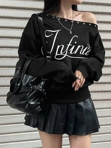 FRIFUL Women's Letter Print Eyelet Design Asymmetric Shoulder Long Sleeve Sweatshirt Hoodies Fall - Black - View 4