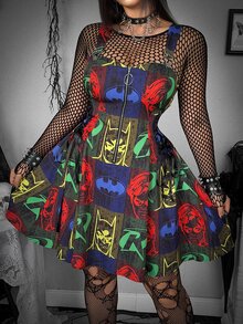 Whyspr BATMAN X SHEIN Plus Size Women's Bat Pattern Zipper Front Casual Pinafore Dress - Multicolor - View 5