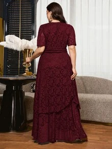 Reflora Plus Size Summer Elegant Jacquard Dress Wedding Formal Evening Dark Purple - Burgundy - View 2