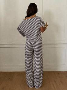 Siren Gaze Women's Striped Cold Shoulder Drop Sleeve T-Shirt And Long Pants Casual Set - Multicolor - View 2