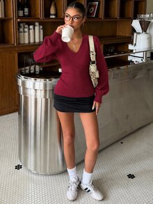 Muchica 淺灰色性感休閒V領羅紋袖口針織衫，街頭風必備優雅女式上衣，適合校園、早午餐、秋季穿搭 - 酒紅色 - 查看 6