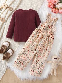 SHEIN Vintaside Kids 2件組幼女吊帶褲套裝，甜美酒紅米色花卉荷葉邊燈芯絨長袖圓領，生日秋季假期芭蕾舒適復古風 - 酒紅色 - 查看 2