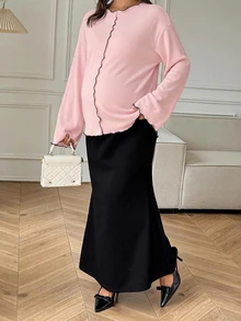 Dazy Maternity Contrast Color Ruffle Wave Hem Loose Long Sleeve Bell Sleeve Casual Vacation Korean Style Spring Autumn Maternity T-Shirt - Pink - View 7