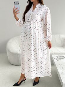 SHEIN Fall Maternity Polka Dot Pleated Casual Party & Travel Dress - White - View 1