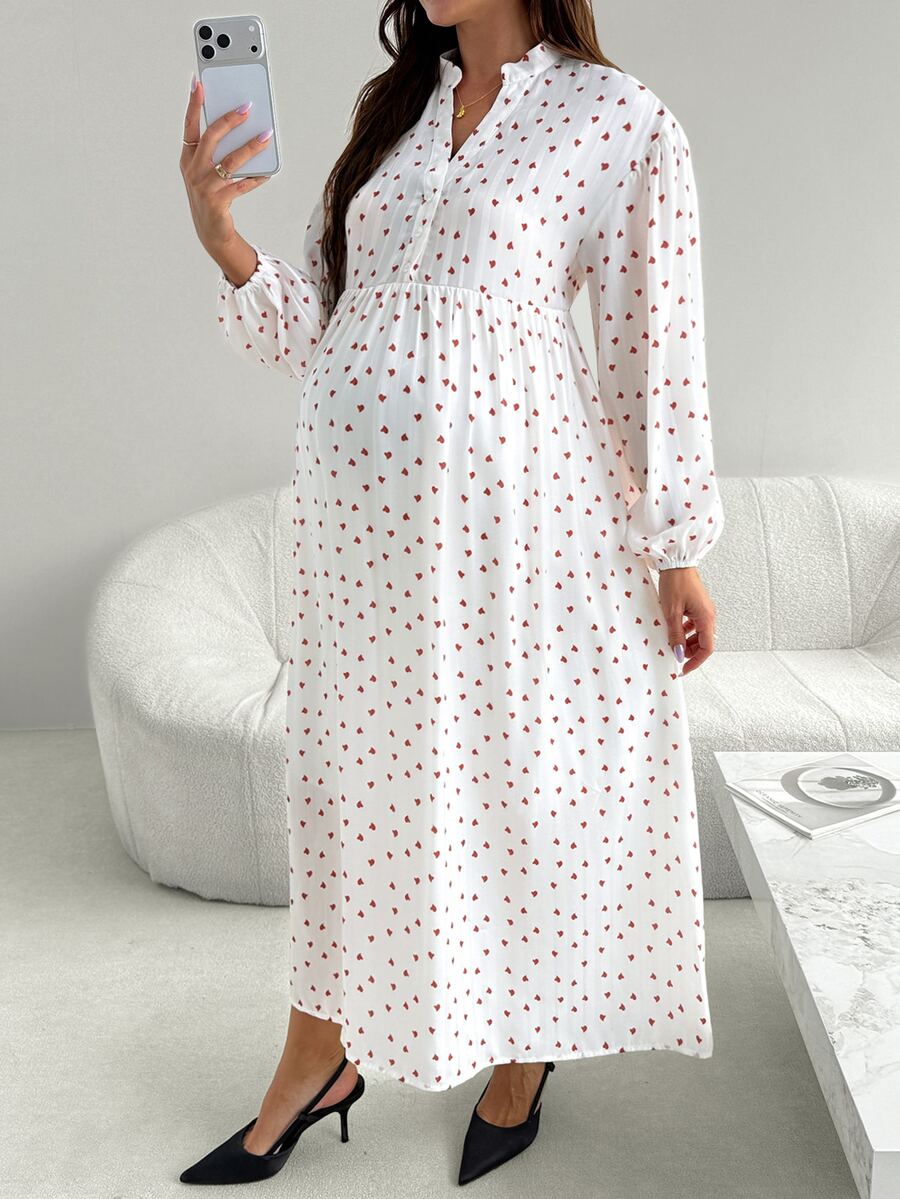 SHEIN Fall Maternity Polka Dot Pleated Casual Party & Travel Dress - White - View 1