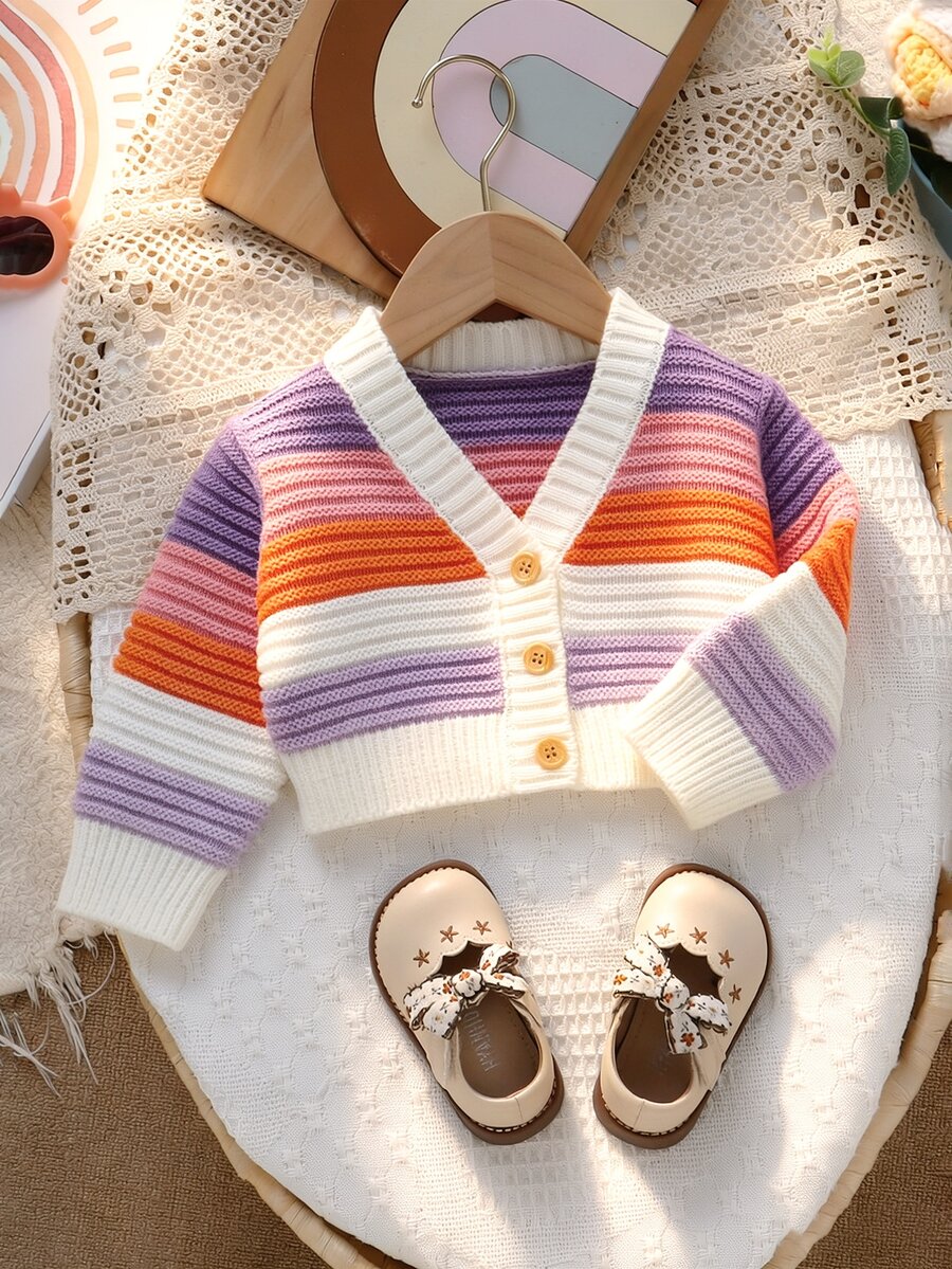 SHEIN كارديجان ألوان متباينة للبنات الصغيرات خريف - متعدد الألوان - مشاهدة 1