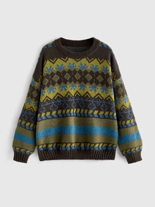 ROMWE Fairycore Women's Geometric Striped Crew Neck Drop Shoulder Long Sleeve Casual Pullover Sweater - Multicolor - View 1