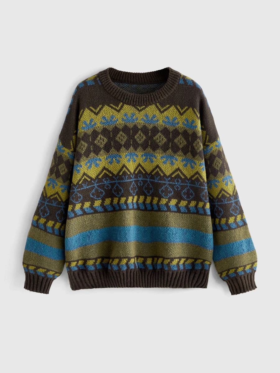 ROMWE Fairycore Women's Geometric Striped Crew Neck Drop Shoulder Long Sleeve Casual Pullover Sweater - Multicolor - View 1