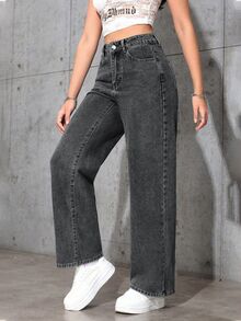 SHEIN PETITE 女款高腰口袋寬腿鬆垮休閒牛仔褲，適合嬌小女性 - 深灰色 - 查看 3
