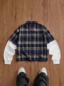 SWAVVY Men's 2 In 1 Patchwork Plaid Workwear Pocket Single-Breasted Shirt - Navy Blue - View 2