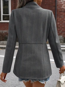 SHEIN LUNE 女款純色口袋裝飾長袖優雅大衣，秋冬服飾 - 黑與白 - 查看 2