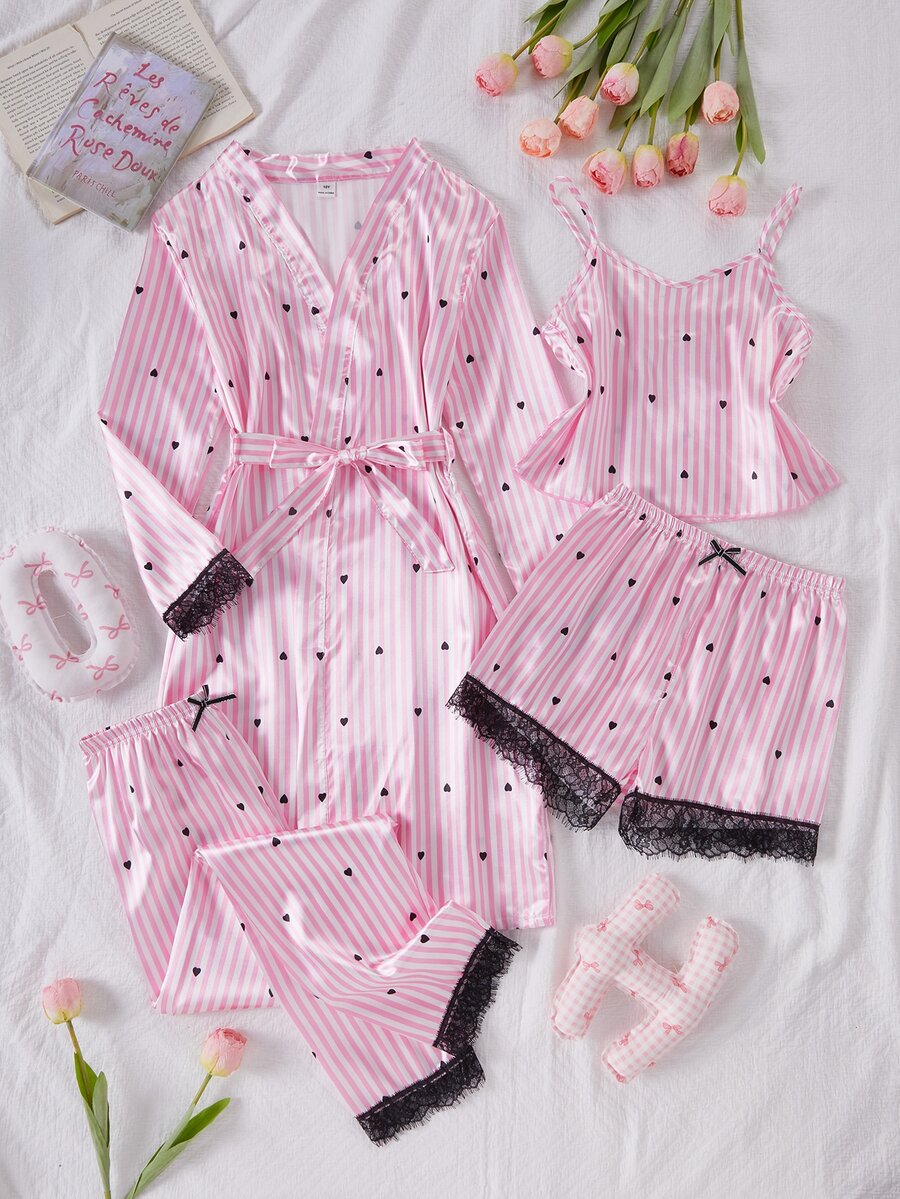 Girls' PJs Big Tween Girl Minimalist Pink Striped Heart Print Pajama Set With Camisole, Shorts And Long Pants Multi-Piece Loungewear - Multicolor - View 1