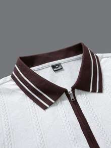 Manfinity Homme 韓式休閒男士拉鍊 Polo 衫，直條紋壓紋提花對比飾邊，百搭短袖，適合年輕與中年男性 - 白色 - 查看 6