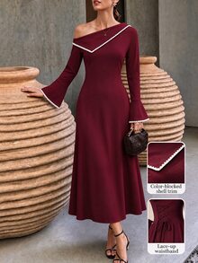 Modelyn فستان سهرة نسائي أنيق بتصميم كتل لونية وكتف غير متماثل وخصر مشدود - عنابي اللون - مشاهدة 6